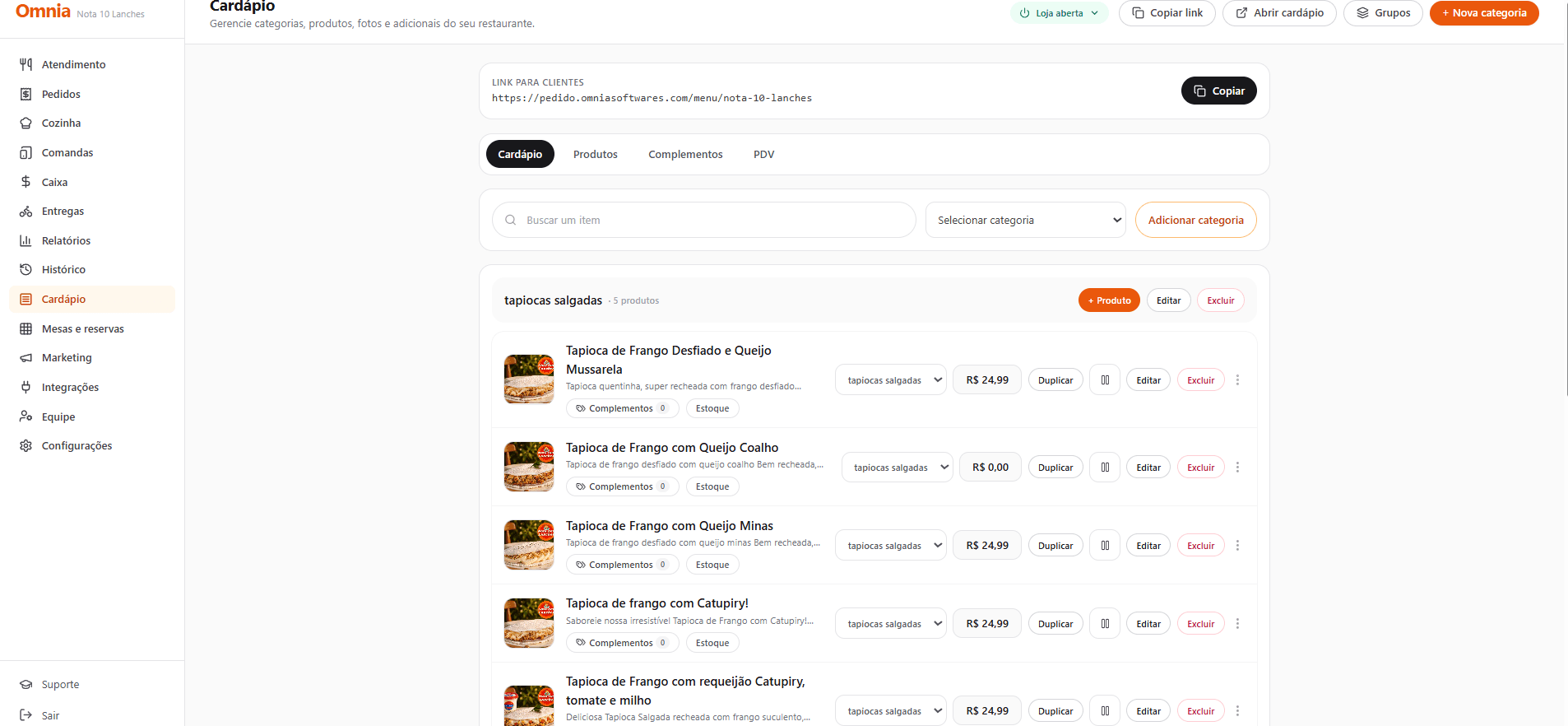 Tela de cardapio digital da Omnia com categorias e produtos de restaurante