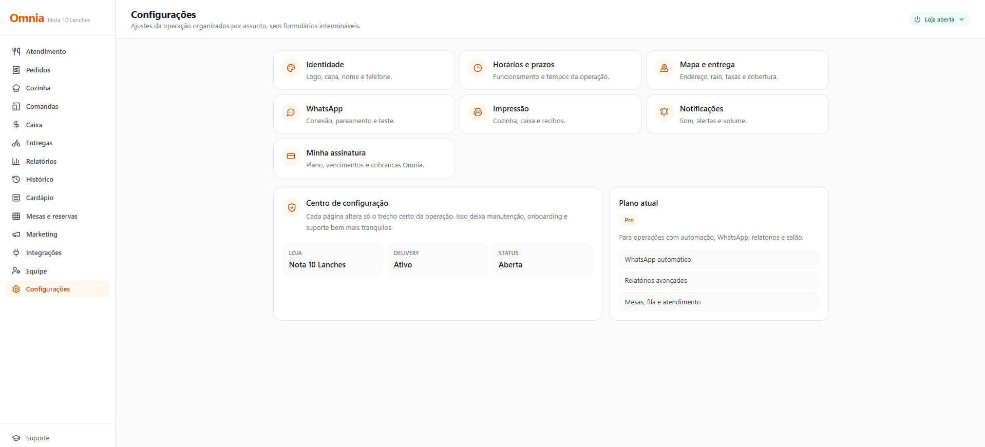 Painel de configuracoes da Omnia para restaurante com dados e automacoes
