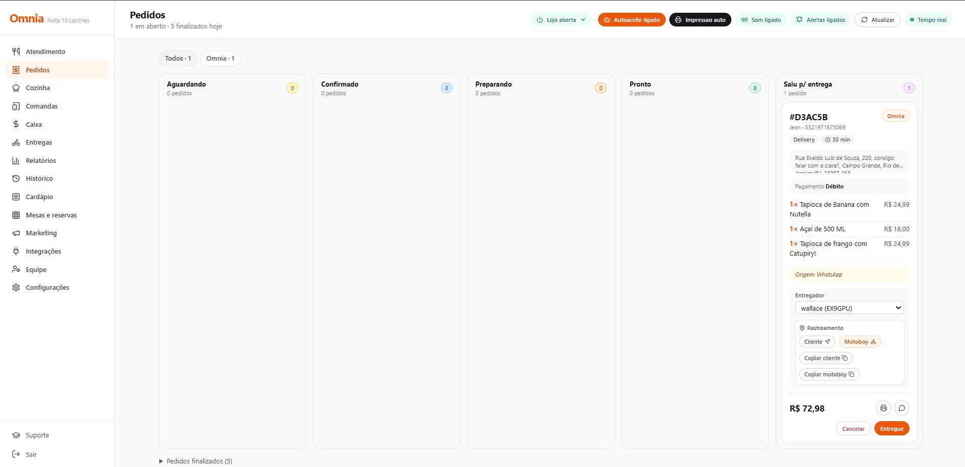 Painel de pedidos da Omnia com pedidos e valores para analise de ticket medio